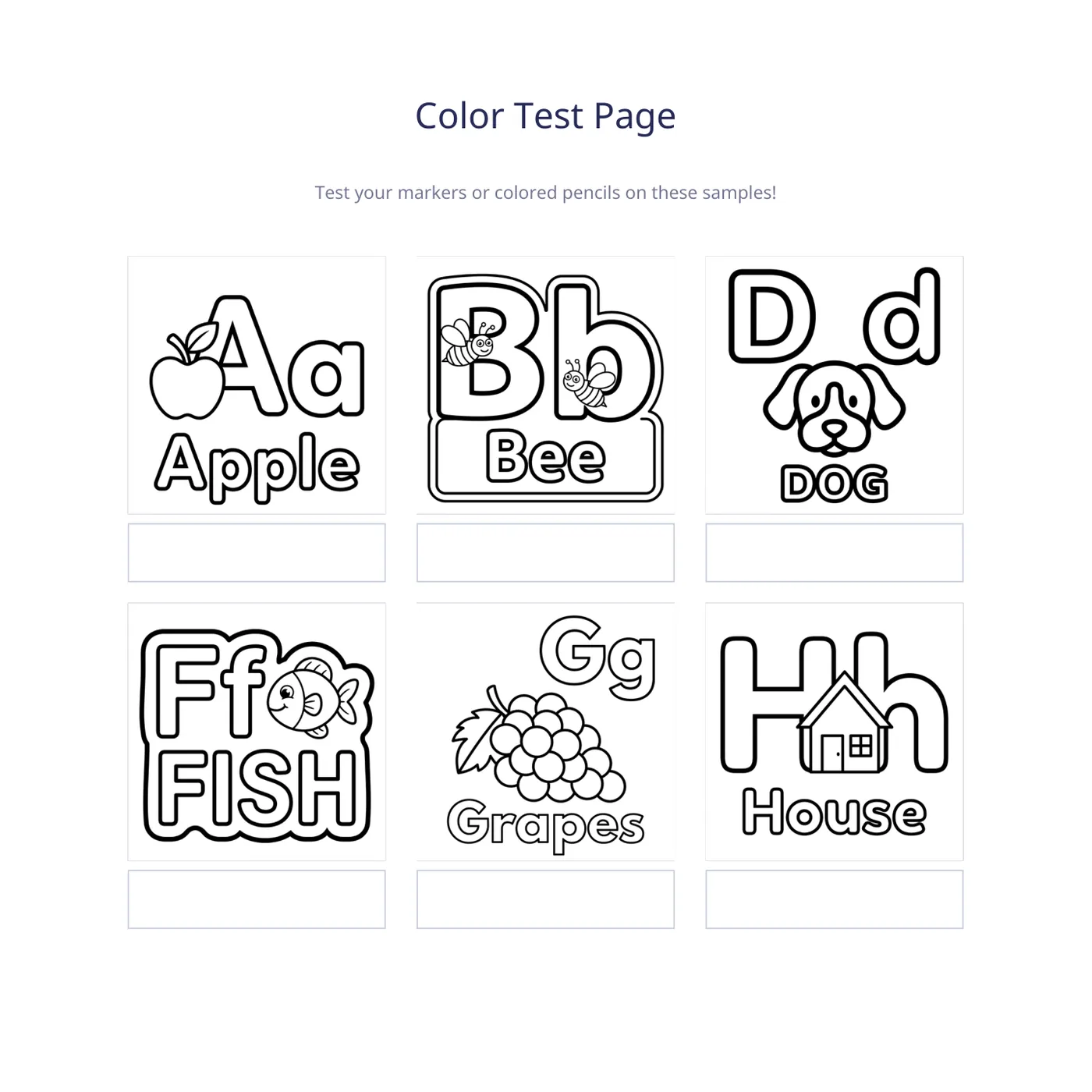 Color test page sample from Alphabet Coloring Book